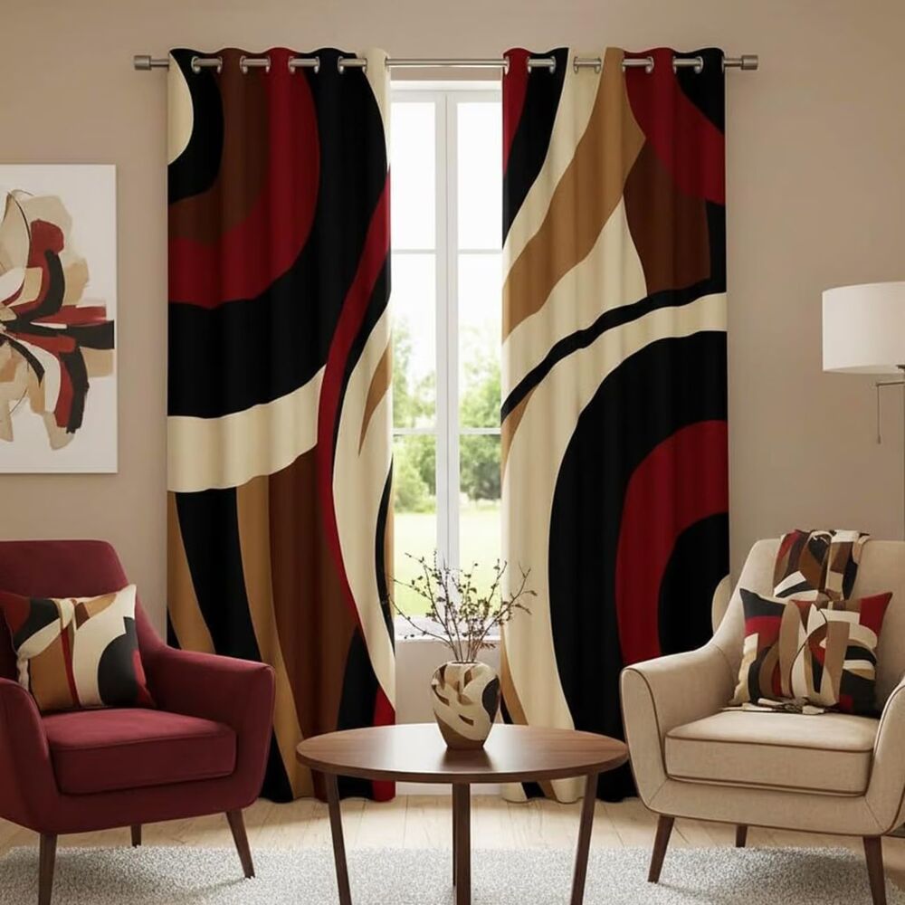 Set of 2, 42 W x 90 L, Black Red Brown Abstract Window Curtains